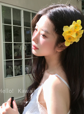 超仙森系温柔黄色双生花发夹