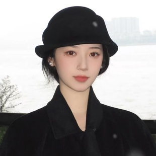 北国来信~民国风千金复古黑色小礼帽女秋冬季渔夫帽赫本风小盆帽