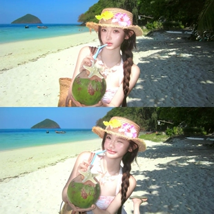 法式 海边沙滩草编防晒遮阳帽子 度假风扶桑花朵平顶草帽女2026新款