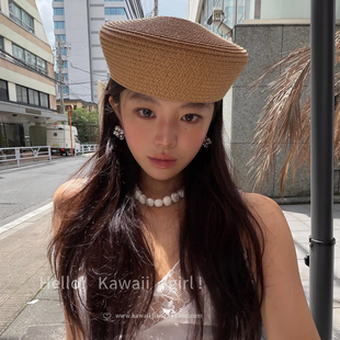 韩系焦糖棕慵懒松弛感贝雷帽夏日小众立体编织草帽文艺复古画家帽