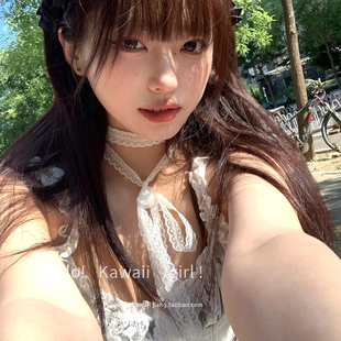 叠戴层次感设计白色蕾丝飘带女仙气百搭细窄长条丝巾锁骨颈带项链