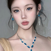 蓝色流苏水滴锆石项链耳环轻奢宫廷风气质高级锁骨链新娘婚纱配饰