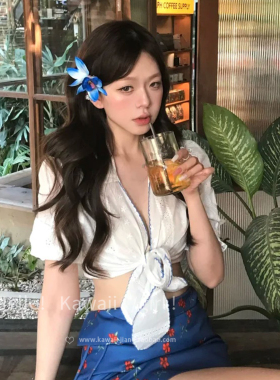 森系蓝色渐变玉兰花发夹新中式旗袍汉服配饰海边度假风前额碎花夹