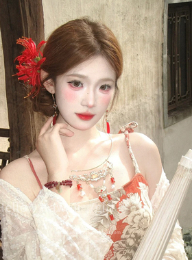 新中式红色彼岸花发夹气质古风超仙仿真花朵发饰复古纯欲拍照头饰
