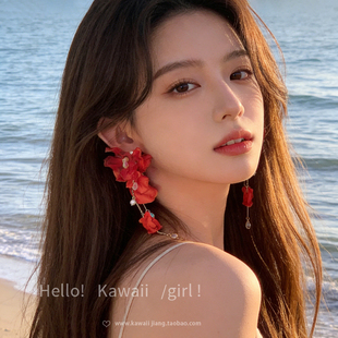 超仙明艳红色花朵流苏耳环高级感海边度假风夸张耳钉绝美气质耳饰