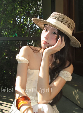 法式老钱风镂空平顶草帽女夏季海边度假沙滩礼帽遮阳大檐防晒帽子