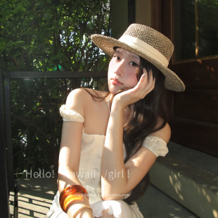 法式老钱风镂空平顶草帽女夏季海边度假沙滩礼帽遮阳大檐防晒帽子