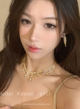 轻奢金色蕾丝锆石水滴项链套装