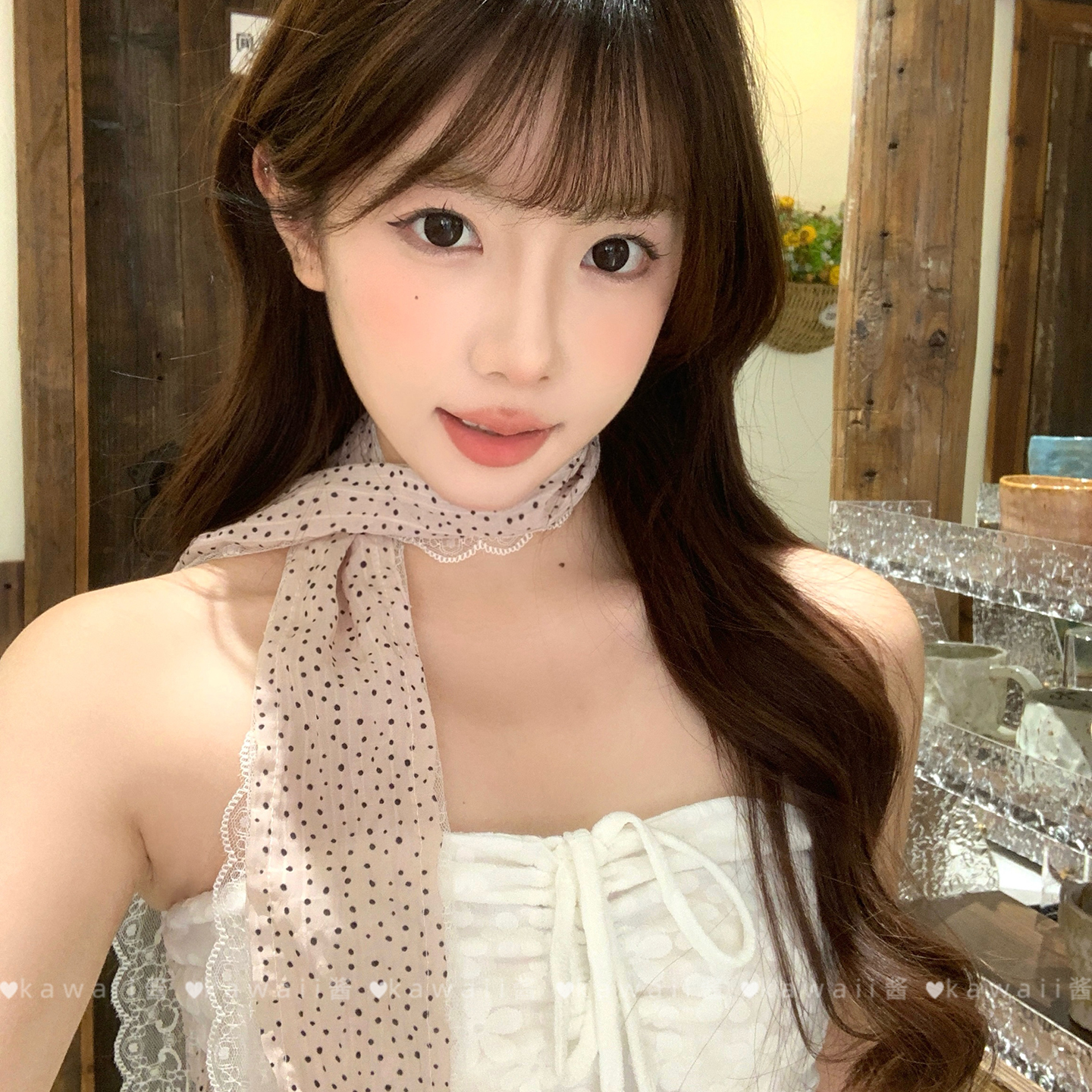 韩系蕾丝花边波点拼接丝巾2025新款纯欲薄款围巾小众少女感丝带