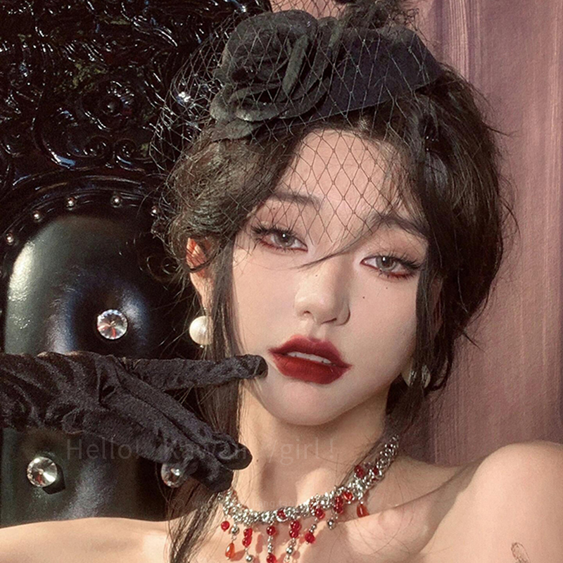 复古赫本风黑色蕾丝网纱小礼帽