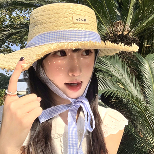 优雅平顶系带草帽韩系甜美田园风平顶帽海边度假风防晒帽 早春法式