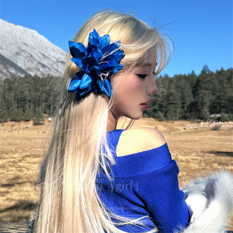 复古超仙氛围感蓝色花朵发夹女唯美新中式侧边夹发饰辣妹拍照头饰