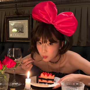 超大可爱玫红色蝴蝶结发箍少女韩系甜美氛围感显脸小头箍拍照发饰