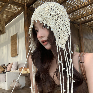 波西米亚手工钩织珍珠流苏包头帽复古民族风川西云南旅游拍照帽子