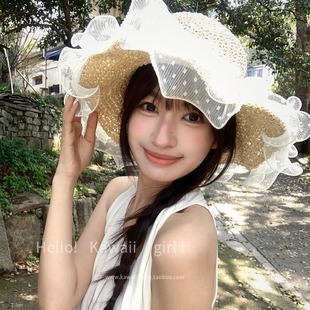 泫雅风大帽檐遮阳显脸小渔夫帽海边沙滩防晒帽 欧根纱珍珠草帽新款
