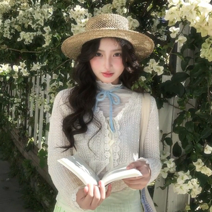 法式 海边度假风轻薄透气防晒帽遮阳帽 复古老钱风平顶编织草帽夏季