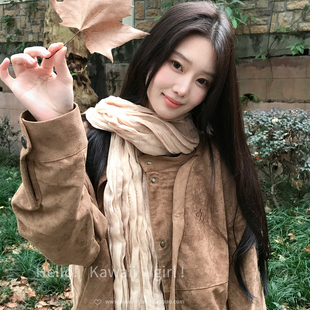 县城文学棕色褶皱亚麻丝巾复古文艺废土风丝巾川西旅游拍照围脖女