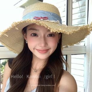蕾丝蝴蝶结草帽春夏大帽檐海边度假风遮阳防晒帽小众太阳帽子 法式