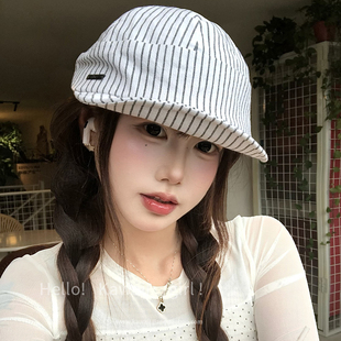 日系文艺复古条纹鸭舌帽春夏薄款透气贝雷帽方圆脸百搭显脸小帽子