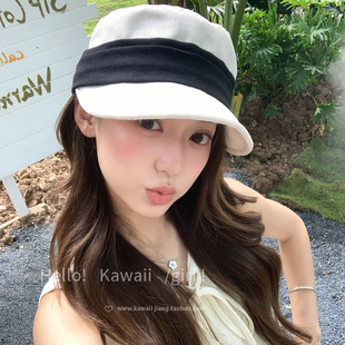 韩系复古褶皱仿亚麻马术帽子夏季高级感遮阳防晒帽小众百搭鸭舌帽