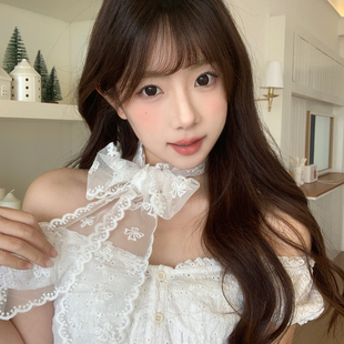 温柔甜妹风蕾丝蝴蝶结系脖丝巾韩系氛围感气质百搭围脖度假风配饰