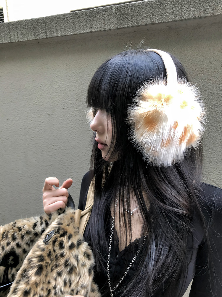 SUBCULTURE HOT GIRL 표범 인쇄 귀마개 여성의 달콤하고 시원한 밀레니엄 스타일 모조 여우 모피 귀마개 플러시 따뜻하고 얼굴 모양의 작은 귀 가방