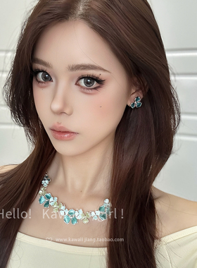 多巴胺珐琅蓝色花朵项链耳环套装