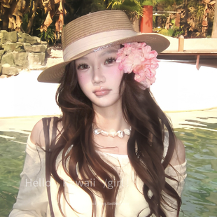 新款 遮阳防晒帽海边度假风帽子 赫本风大帽檐平顶礼帽2026夏季 法式