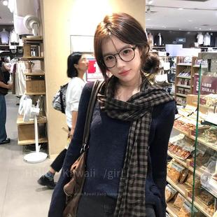 围脖 韩系棉麻双面格子围巾复古气质文艺披肩女慵懒秋冬氛围感长款