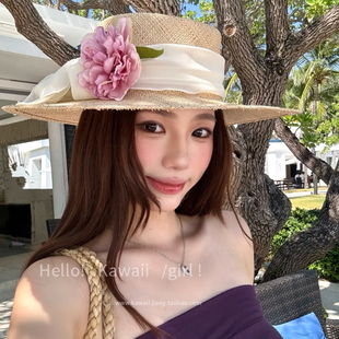 原创法式温柔花朵平顶草帽春夏2026新款海边度假风草编防晒遮阳帽