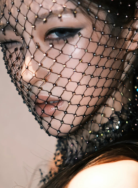 冷面女神 欧美配饰满钻面罩弹力黑色网格头罩头巾闪钻音乐节渔网