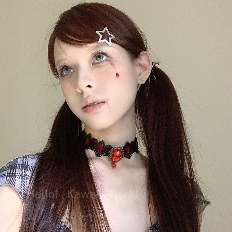 哥特风红宝石黑色项圈