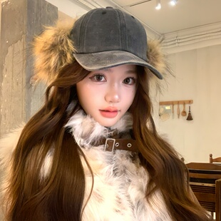 韩系小众设计感ins复古毛毛棒球帽冬女街头百搭显脸小鸭舌帽出片