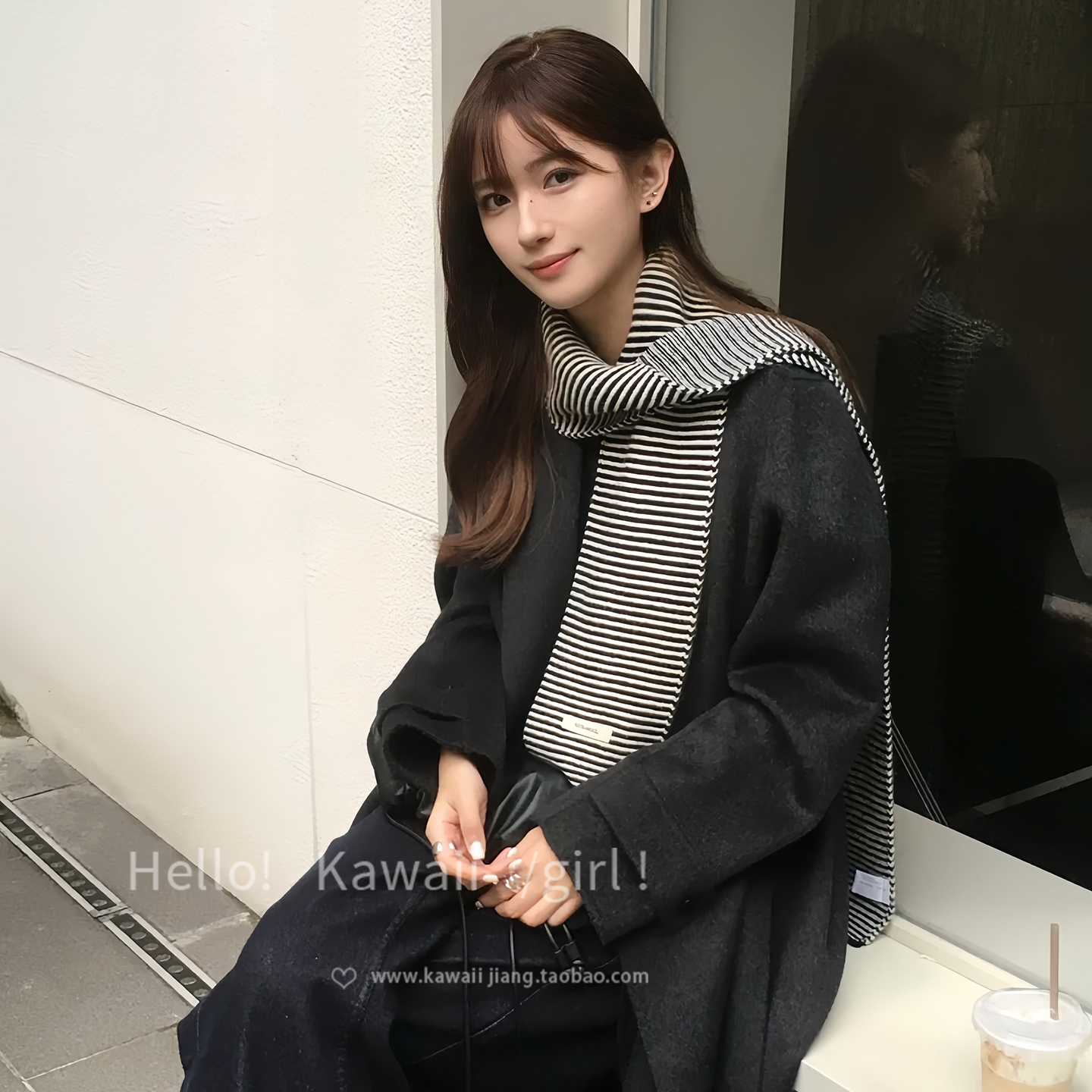 韩系女主经典款黑白条纹围巾