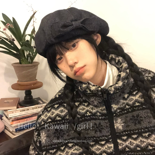 日系复古蝴蝶结牛仔贝雷帽八角帽秋冬季甜酷辣妹气质显脸小报童帽