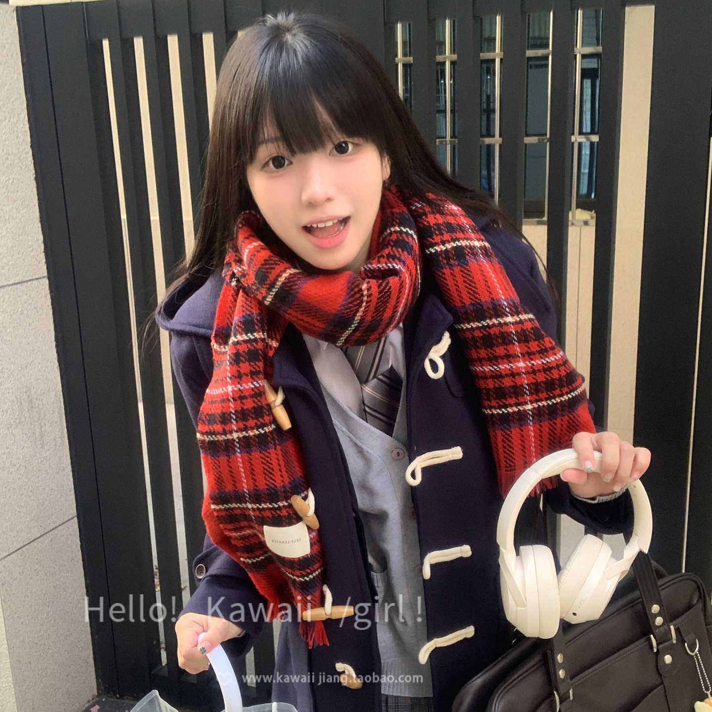 圣诞节氛围感红色格纹围巾jk制服秋冬百搭披肩新年保暖加厚围脖女