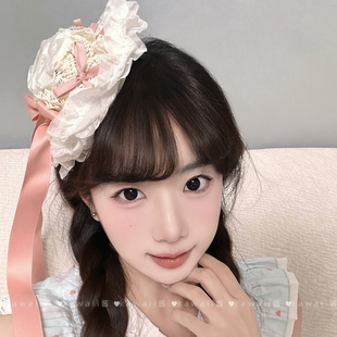 甜心公主粉色蝴蝶结小礼帽芭蕾风蕾丝飘带发夹生日洛丽塔拍照发饰