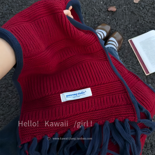 巨显白！复古红蓝手工钩织围巾女2025秋冬新款新年氛围感保暖围脖