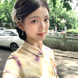 古典多层仿珍珠花朵发夹甜美高级感侧边夹复古气质旗袍发饰 新中式