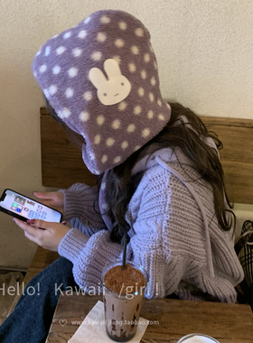 可爱米菲兔紫色波点毛绒帽子围巾一体女韩系氛围感秋冬保暖护耳帽