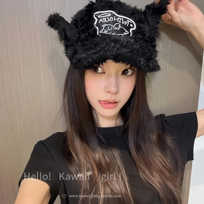 韩系辣妹毛绒耳朵鸭舌帽