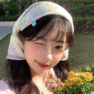 法式 头巾 田园风碎花包头丝巾女森系甜美氛围感三角巾夏季 透气薄款