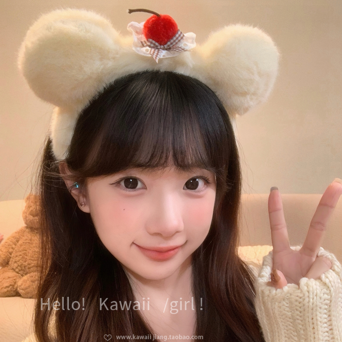 可爱毛绒樱桃小熊耳朵发箍