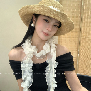 ins高级蕾丝花瓣丝巾2026新款 小众百搭围脖 超仙甜美飘带春夏薄款