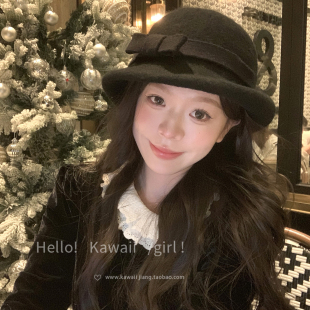 赫本风优雅高贵贝雷帽可调节渔夫帽 千金风黑色蝴蝶结毛呢礼帽法式