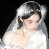 超仙水钻流苏额饰眉心坠羽毛边夹配饰万圣节新娘头纱白色拍照发饰