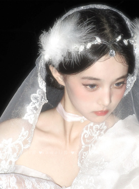 超仙水钻流苏额饰眉心坠羽毛边夹配饰万圣节新娘头纱白色拍照发饰