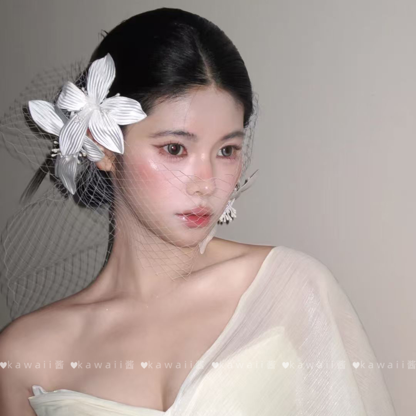 法式复古白色花朵网纱面纱