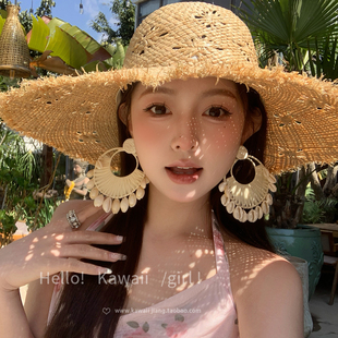 镂空拉菲草草帽女海边沙滩三亚度假拍照夸张大帽檐防晒遮阳帽 法式