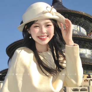 法式赫本风白色羊毛呢礼帽秋冬高级感小香风贝雷帽民国千金渔夫帽